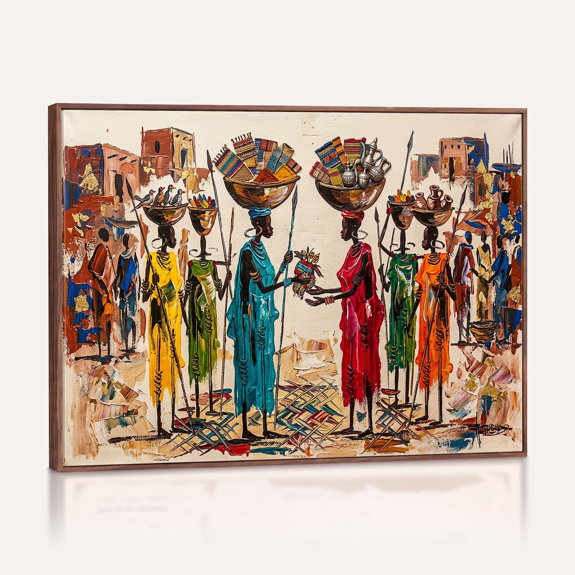 54818657-MGV-CV-36X24 - African Folk Art Canvas Wall Art, Colorful African Women Village Painting Print, Tribal Ethnic Home Decor, Vibrant African Art, Living Room
