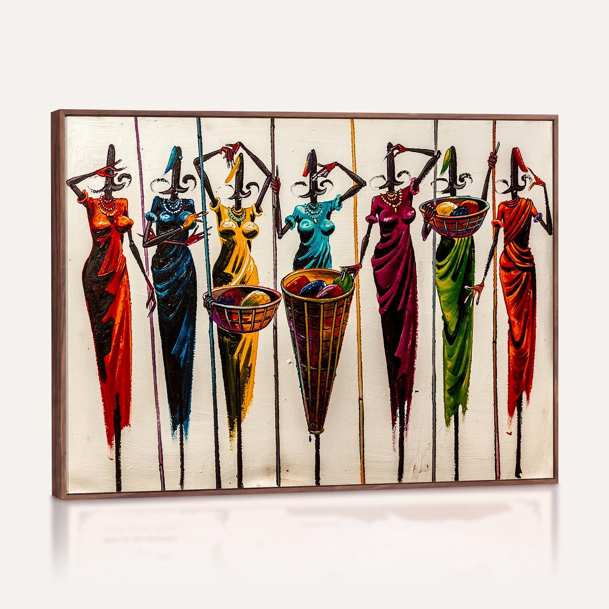 53545627-MGV-CV-36X24 - African Folk Art Canvas Wall Art, Colorful African Women Village Painting Print, Tribal Ethnic Home Decor, Vibrant African Art, Living Room