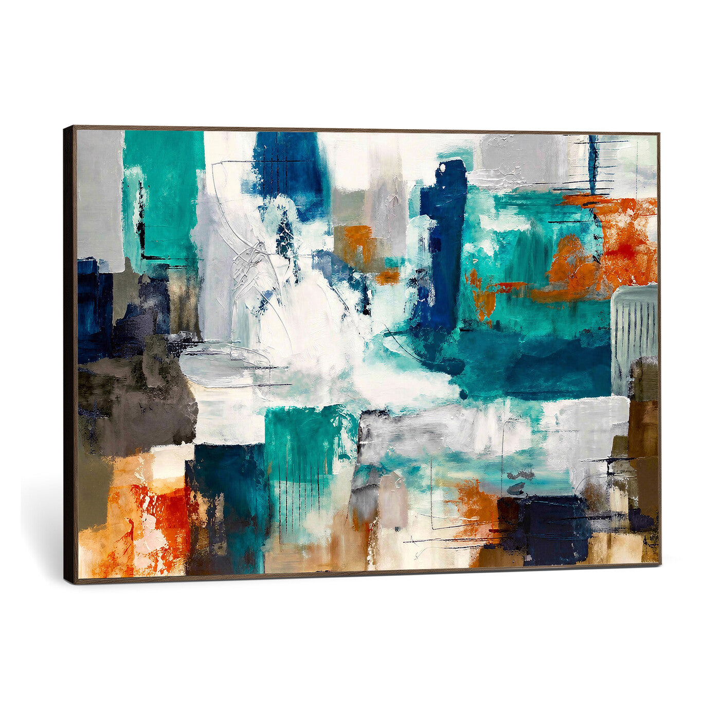 44038089-MGV-CV-36X24 - Blue Teal Abstract Canvas Wall Art, Modern Textured Painting Print, Navy Orange White Contemporary Art, Neutral Living Room Decor, Office Art