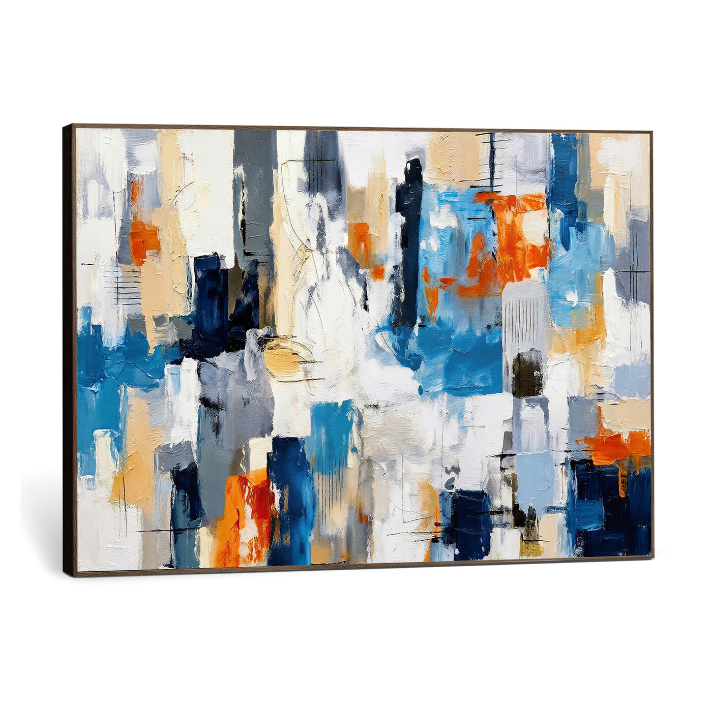 83915061-MGV-CV-36X24 - Blue Teal Abstract Canvas Wall Art, Modern Textured Painting Print, Navy Orange White Contemporary Art, Neutral Living Room Decor, Office Art
