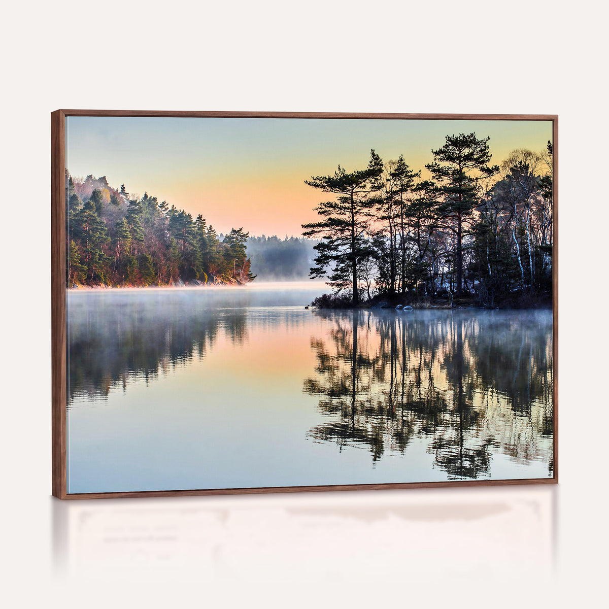 34236027-MGV-CV-36X24 - Before People Wake Canvas Wall Art Print, Misty Lake Sunrise Landscape, Forest Reflection Nature Decor, Ready to Hang