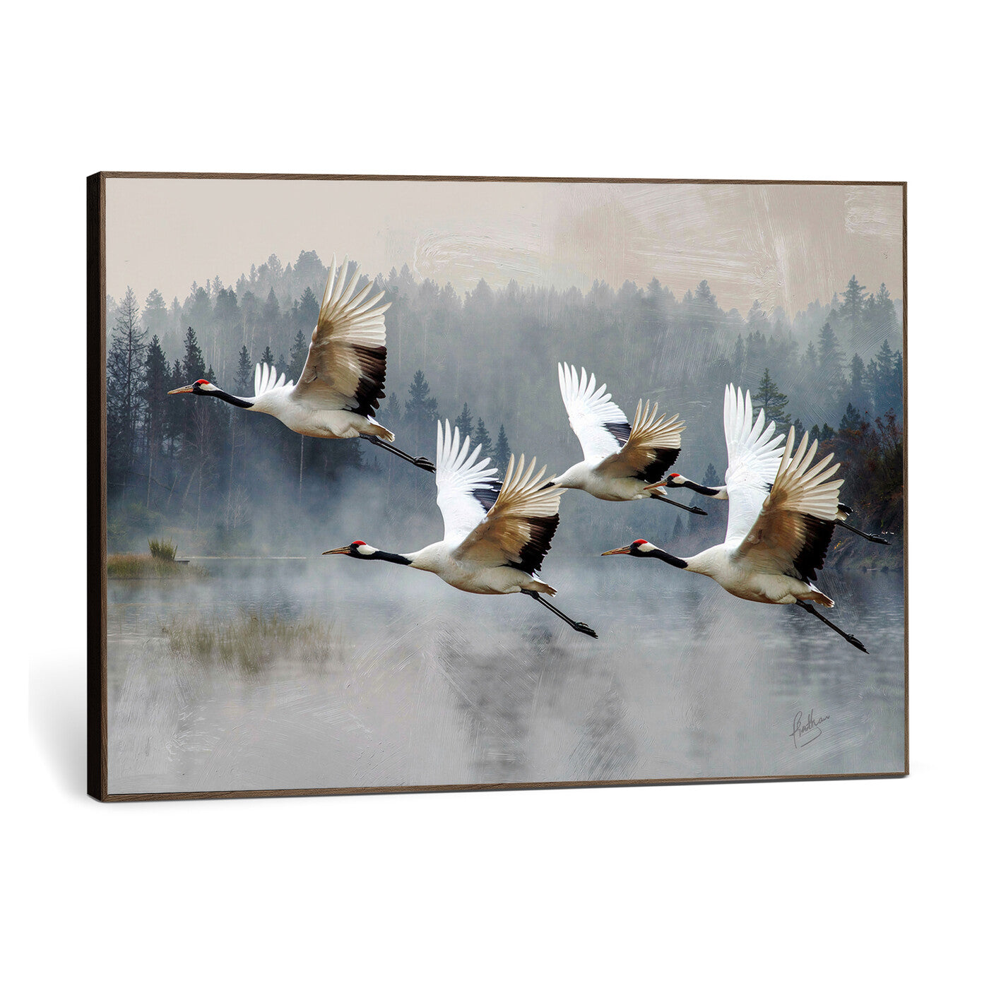 24356826-MGV-CV-36X24 - Flying Crane Canvas Wall Art Print, White Crane Bird Artwork, Wildlife Nature Decor, Lake Landscape Canvas - Ready to Hang
