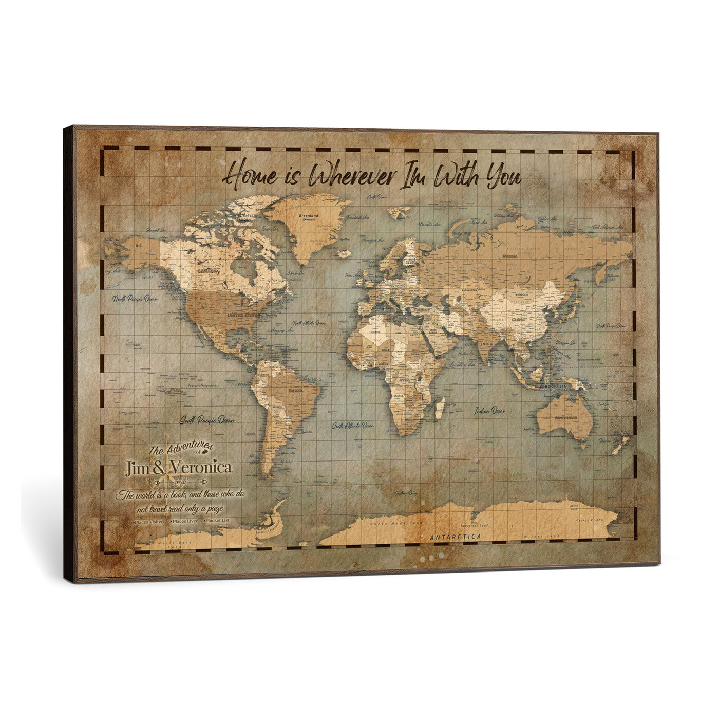97123877-MGV-CV-36X24 - Vintage Custom Push Pin World Map Print - Vintage Travel Map Canvas, Personalized Names Anniversary Gift, Places Visited Pin Board
