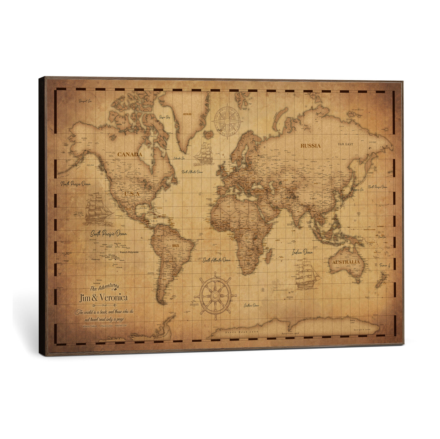 55328610-MGV-CV-36X24 - Personalize Push Pin World Map Wall Art Print - Vintage Travel Map Canvas, Custom Names Anniversary Gift, Places Visited Pin Board