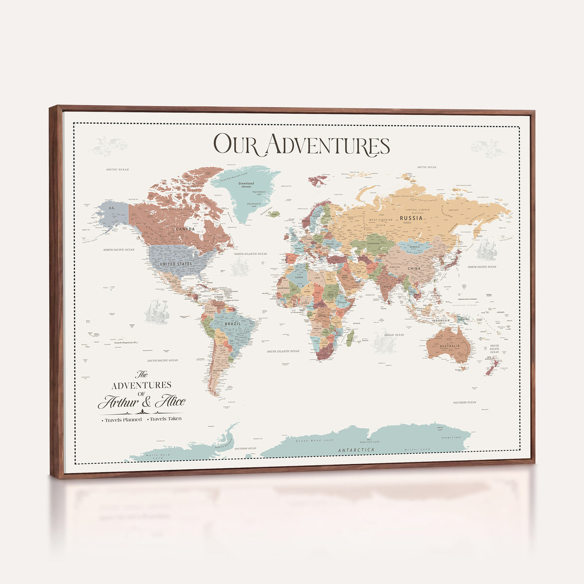 NEWMAP-4-MGV-CV-36X24 - Custom World Travel Map Wall Art with Pins, Places Visited Tracker, Family Room and Bedroom Decor