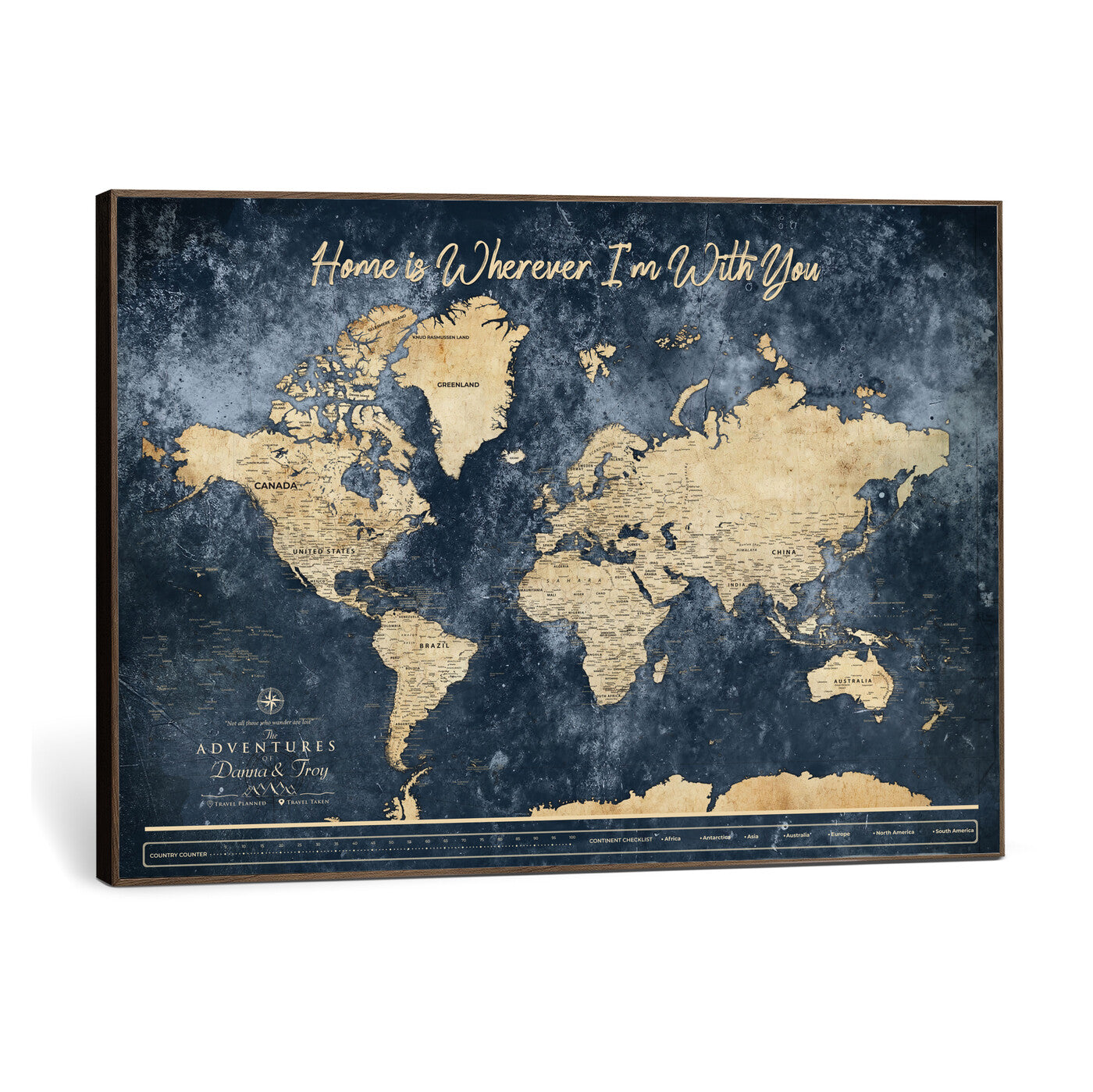 400867BL-MGV-CV-36X24 - Framed Blue Custom Push Pin World Map Canvas Print – Personalized Travel Map Wall Art