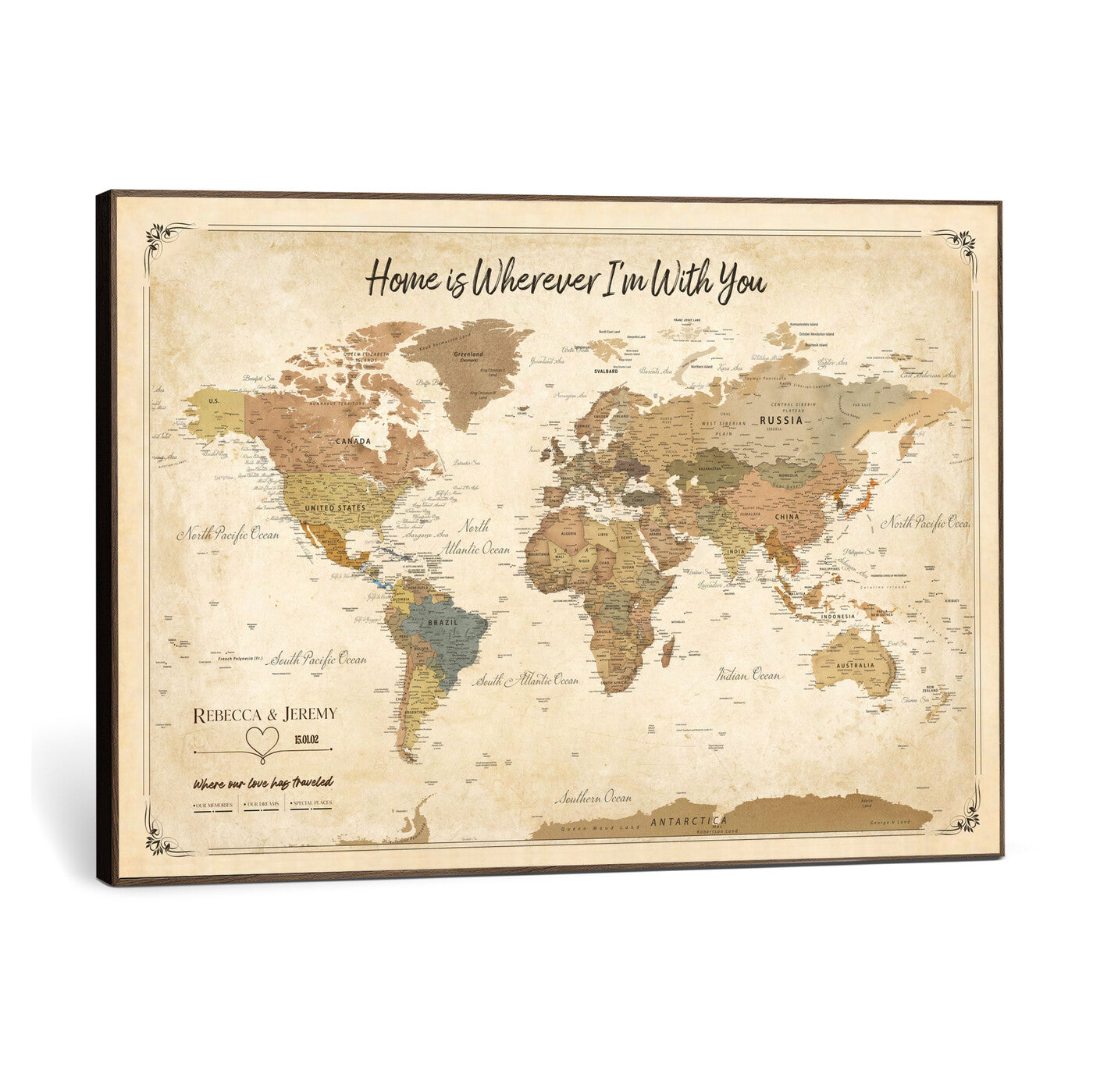 40086165-MGV-CV-36X24 - Framed Vintage Custom Push Pin World Map Canvas Print – Personalized Travel Map Wall Art