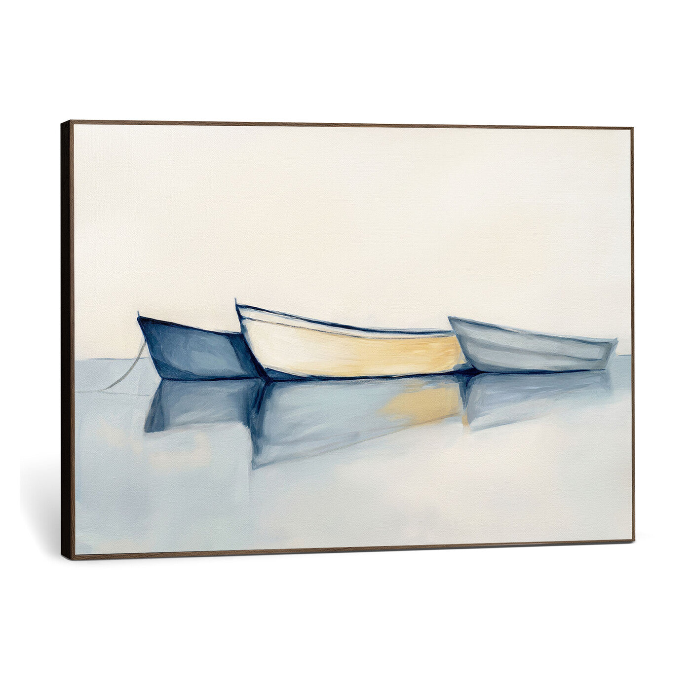 84017361-MGV-CV-36X24 - Abstract Three Boats Reflecting on Water Wall Art Canvas Print - Minimalist Coastal Seascape