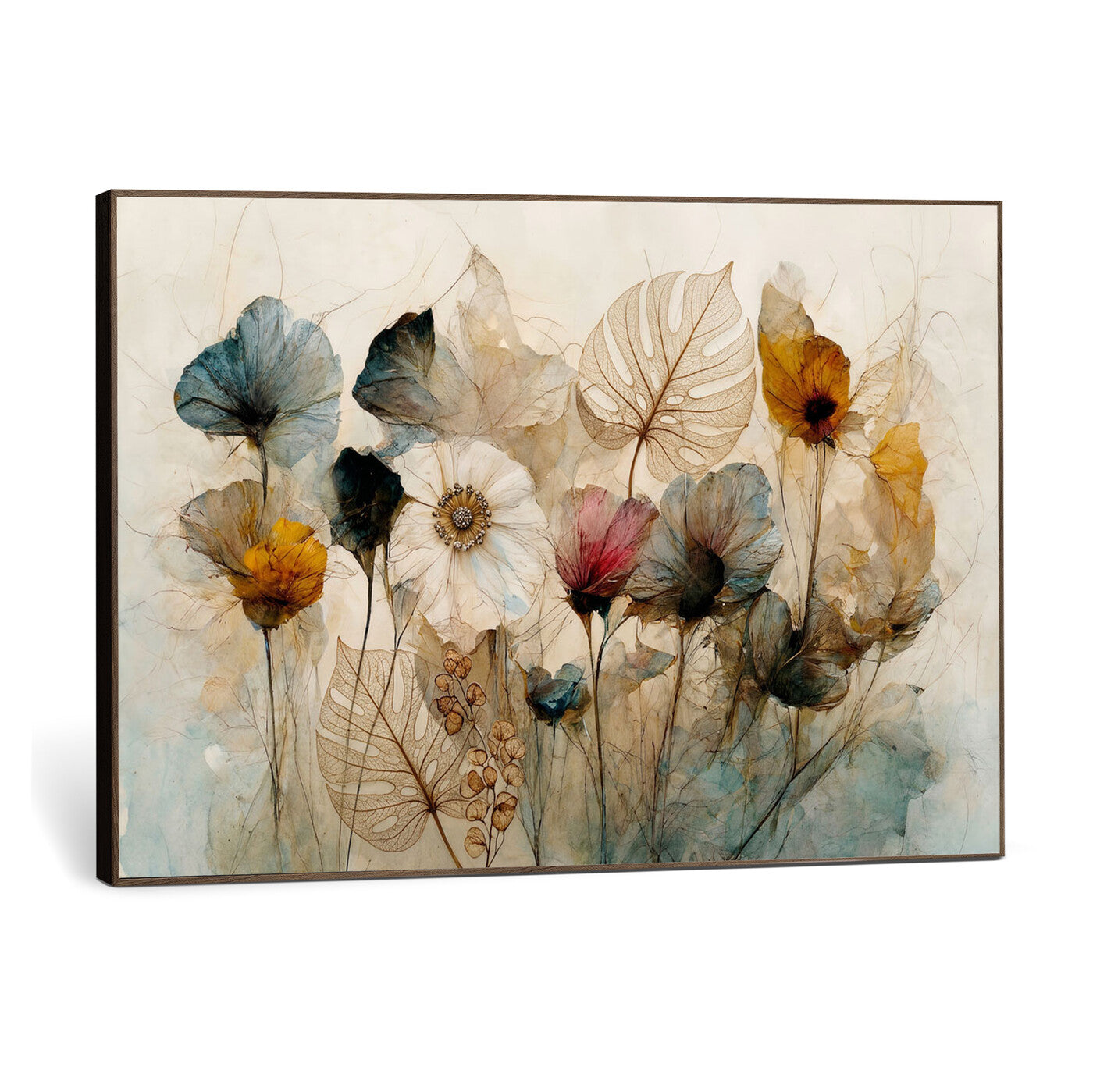 93171612-MGV-CV-36X24 - Vintage Dried Floral Meadow Wall Art Canvas Print, Translucent Watercolor Flowers Painting Print