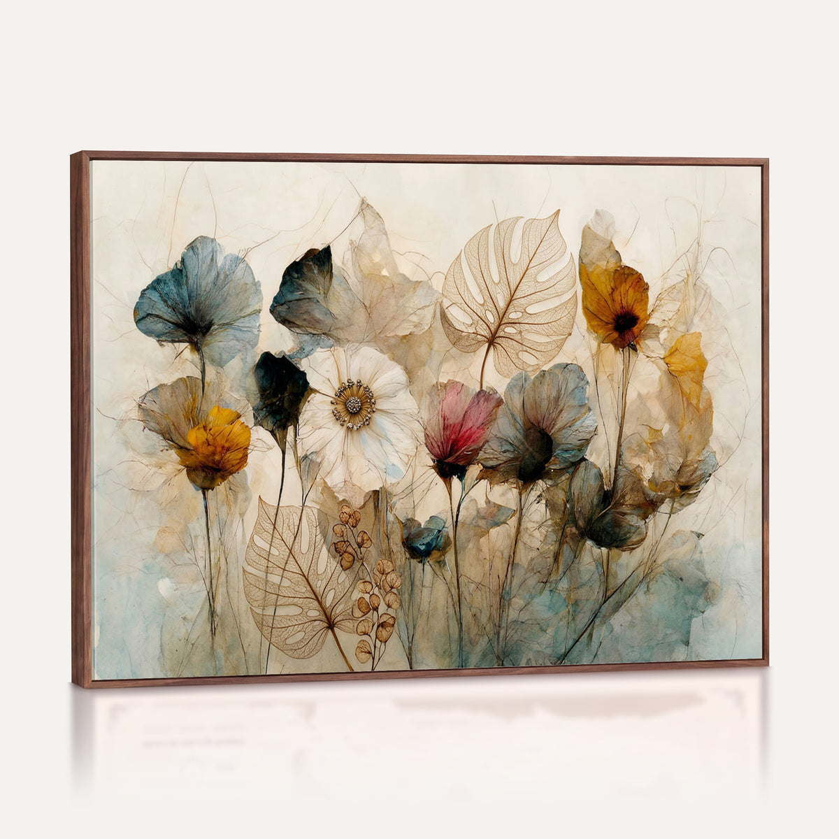 93171612-MGV-CV-36X24 - Vintage Dried Floral Meadow Wall Art Canvas Print, Translucent Watercolor Flowers Painting Print