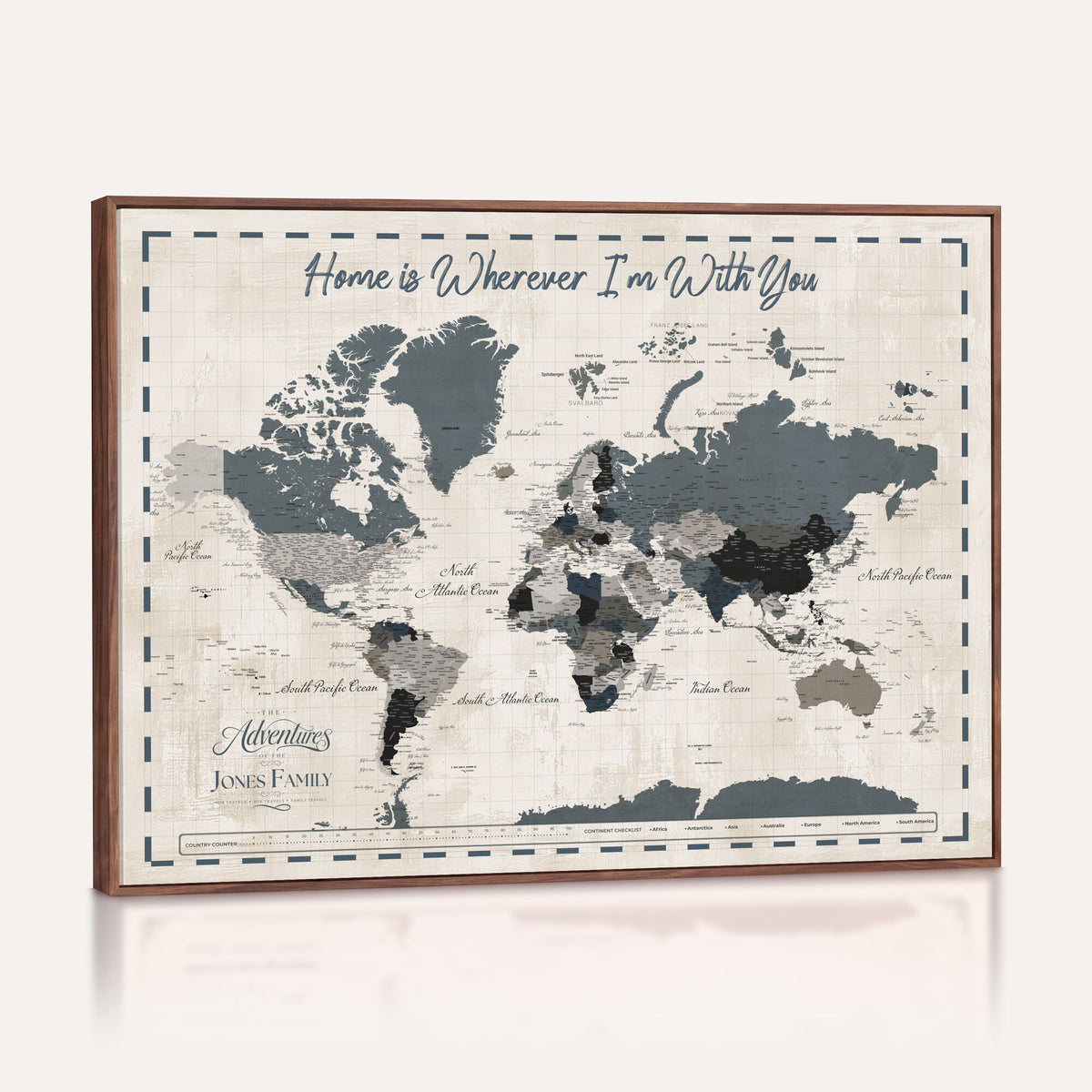 400867164-MGV-CV-36X24 - Framed Blue Custom Push Pin World Map Canvas Print – Personalized Travel Map Wall Art