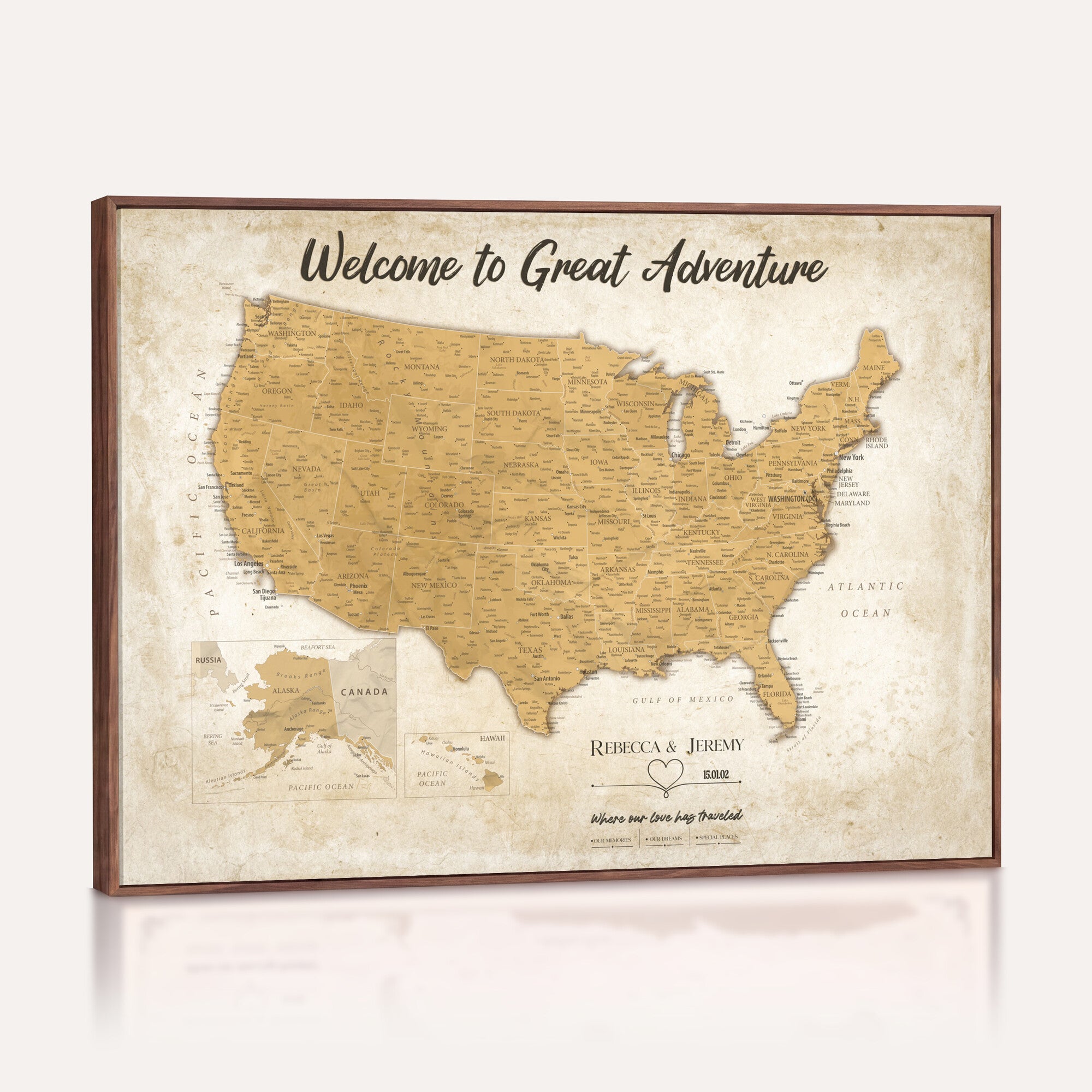 81437082-MGV-CV-36X24 - Custom Push Pin Travel USA Map Canvas Print, Cream Personalized Travel Tracker America Map, Anniversary Traveler Gift