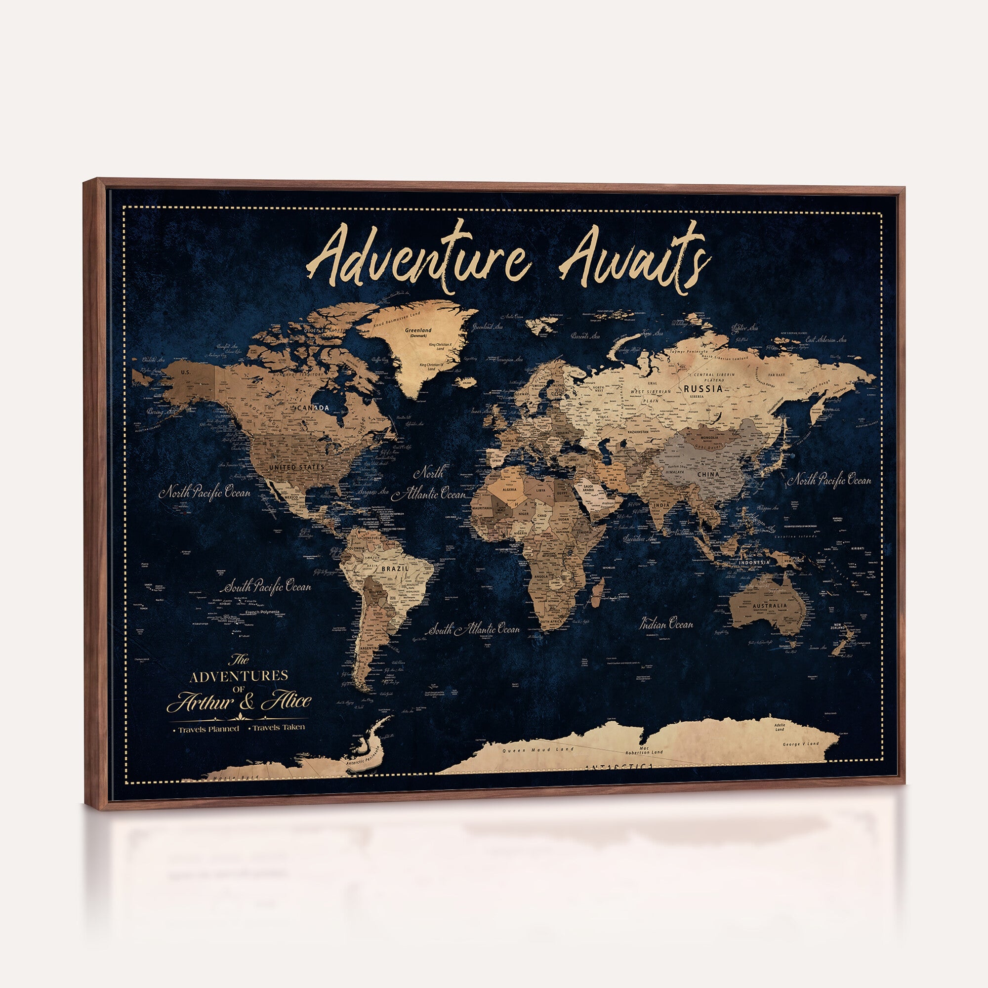 57167164-MGV-CV-36X24 - Custom Push Pin Travel Map Canvas Print, Navy Blue Personalized Travel Tracker Map, Anniversary Gift, Vintage World Map Wall Art