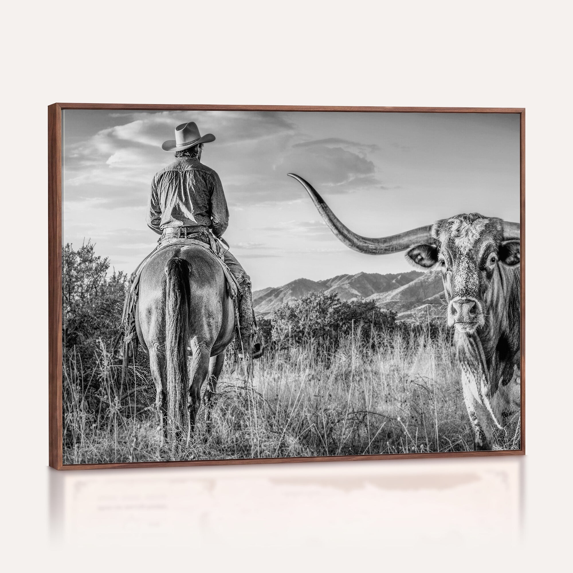 62076449WB-MGV-CV-36X24 - Texas Cowboy and Longhorn Bull Print for Western Wall Art Decor for Farmhouse