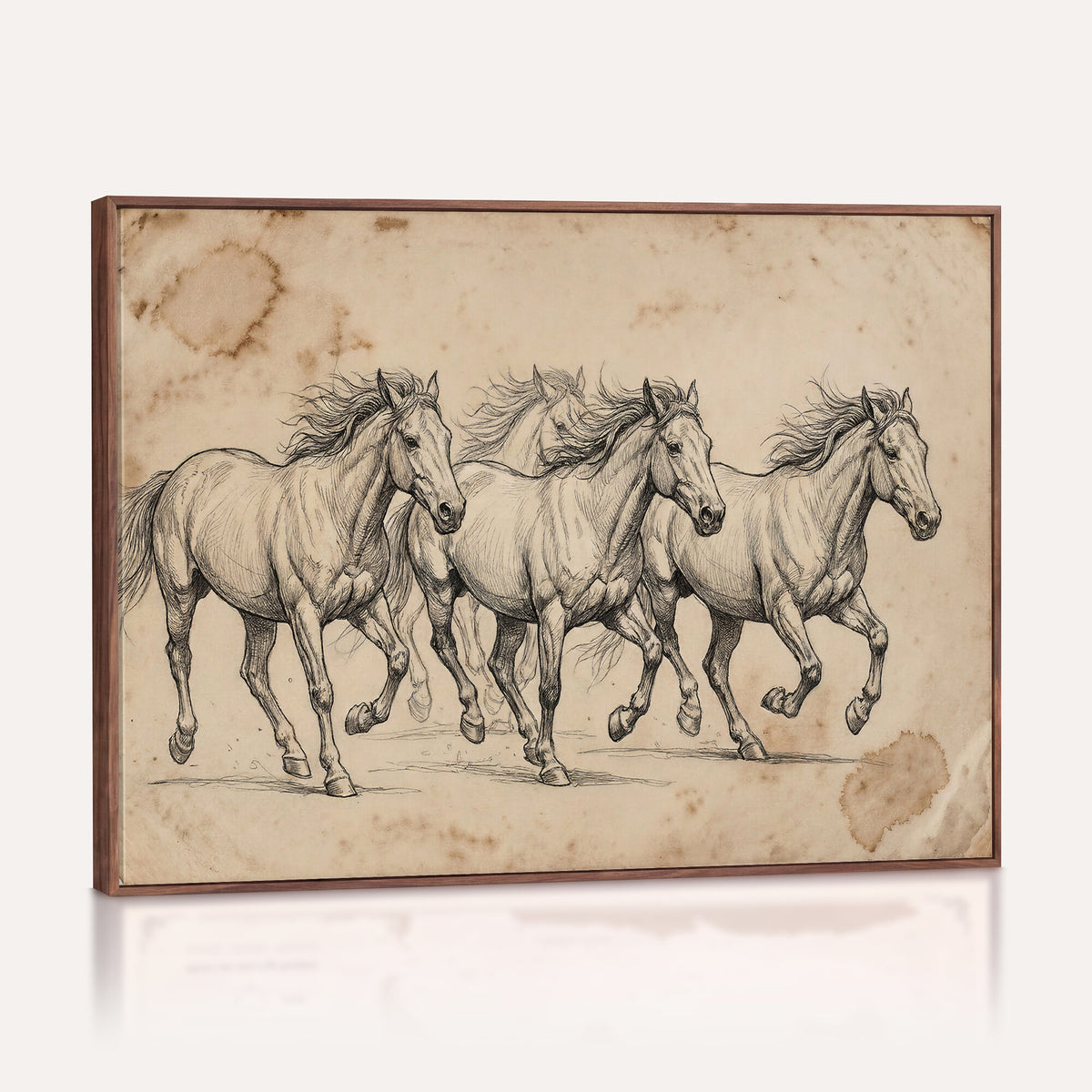 56046981-MGV-CV-36X24 - Sepia Wild Horses Canvas Art, Antique Pencil Drawing Print, Vintage Gallery Wall Decor, Rustic Equestrian Artwork, Traditional Den Gift