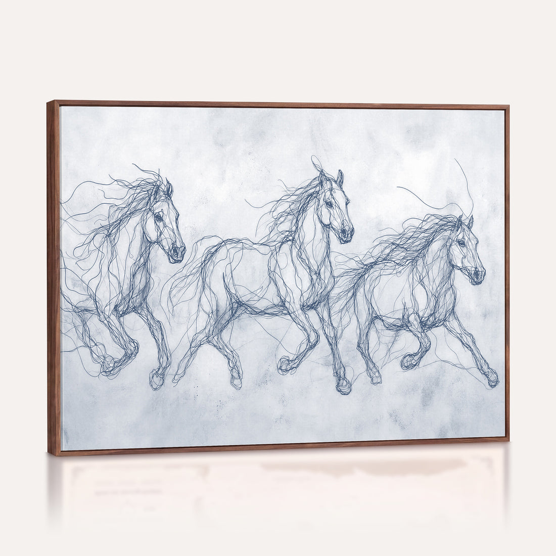 Indigo Blue Horse Line Art Canvas, Steel Grey Wild Horses Print, Modern Equine Wall Decor