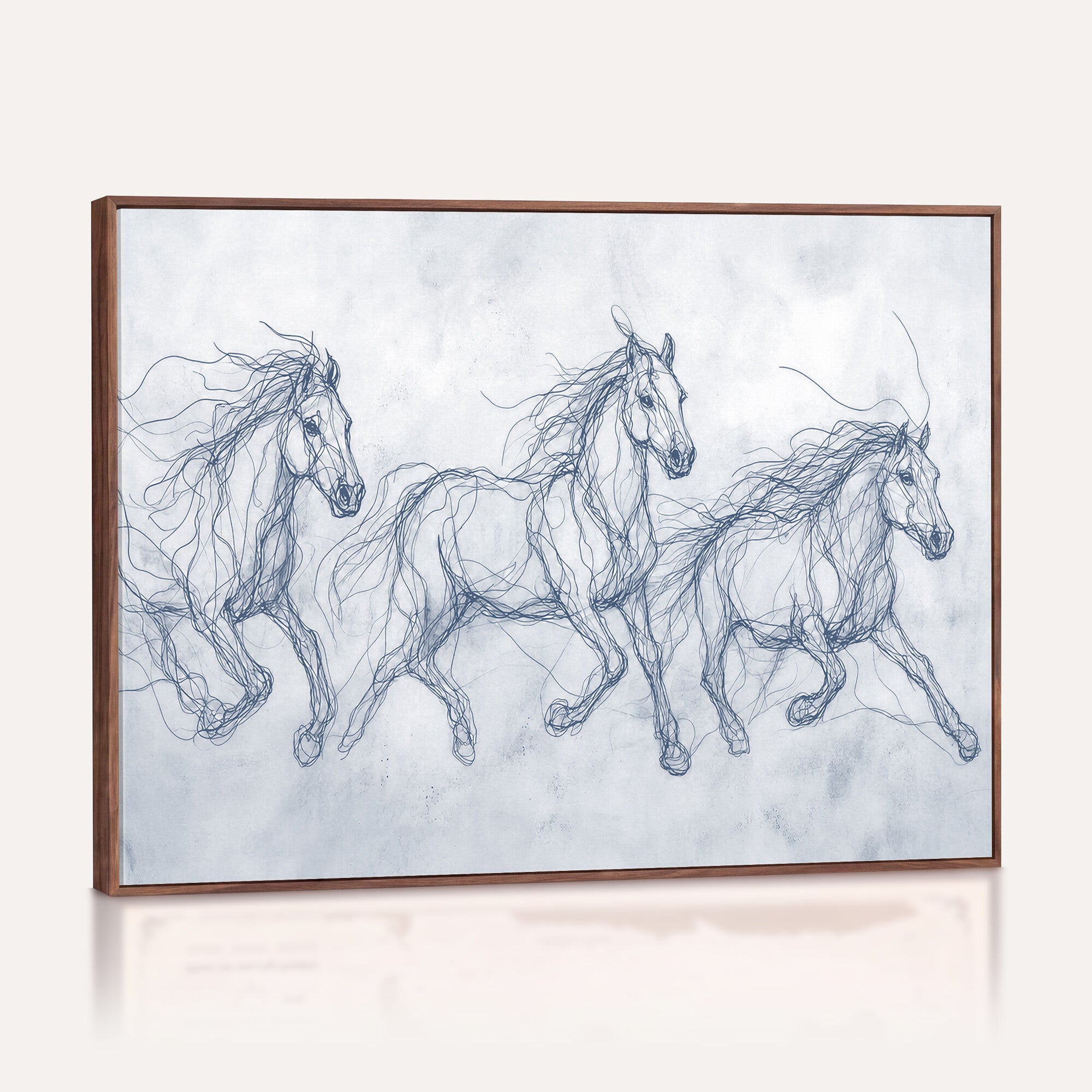 41163601-MGV-CV-36X24 - Indigo Blue Horse Line Art Canvas, Steel Grey Wild Horses Print, Abstract Navy Scribble Artwork, Modern Slate Equine Wall Decor, Coastal Ranch Gift