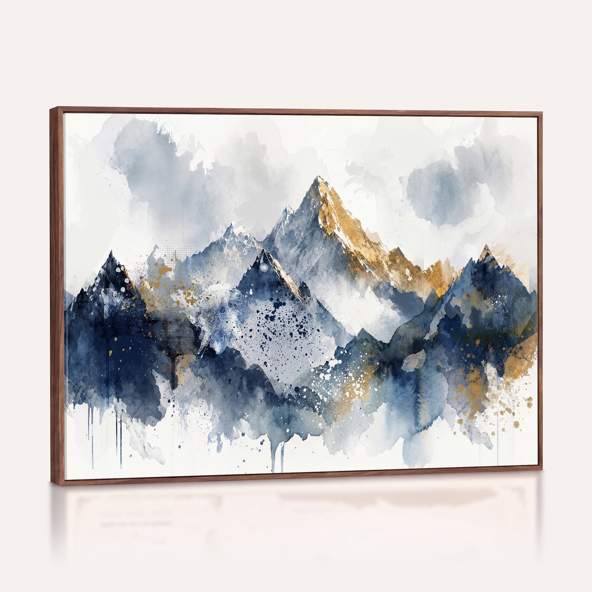 87460616-MGV-CV-36X24 - Abstract Mountain Canvas Wall Art, Blue Gold Foil Landscape Print, Modern Indigo Watercolor Poster, Large Abstract Nature, Luxury Office Gift