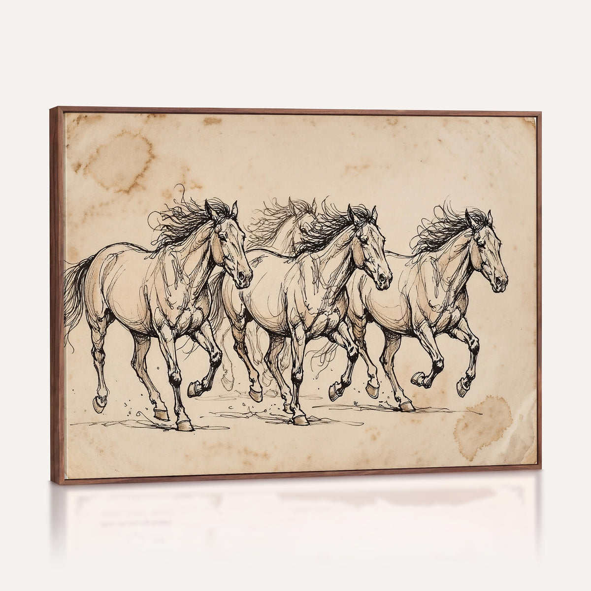 18242163-MGV-CV-36X24 - Vintage Horse Sketch Canvas Wall Art, Wild Horses Pencil Drawing Print, Antique Parchment Western Decor, Equine Sketching, Country Manor Gift
