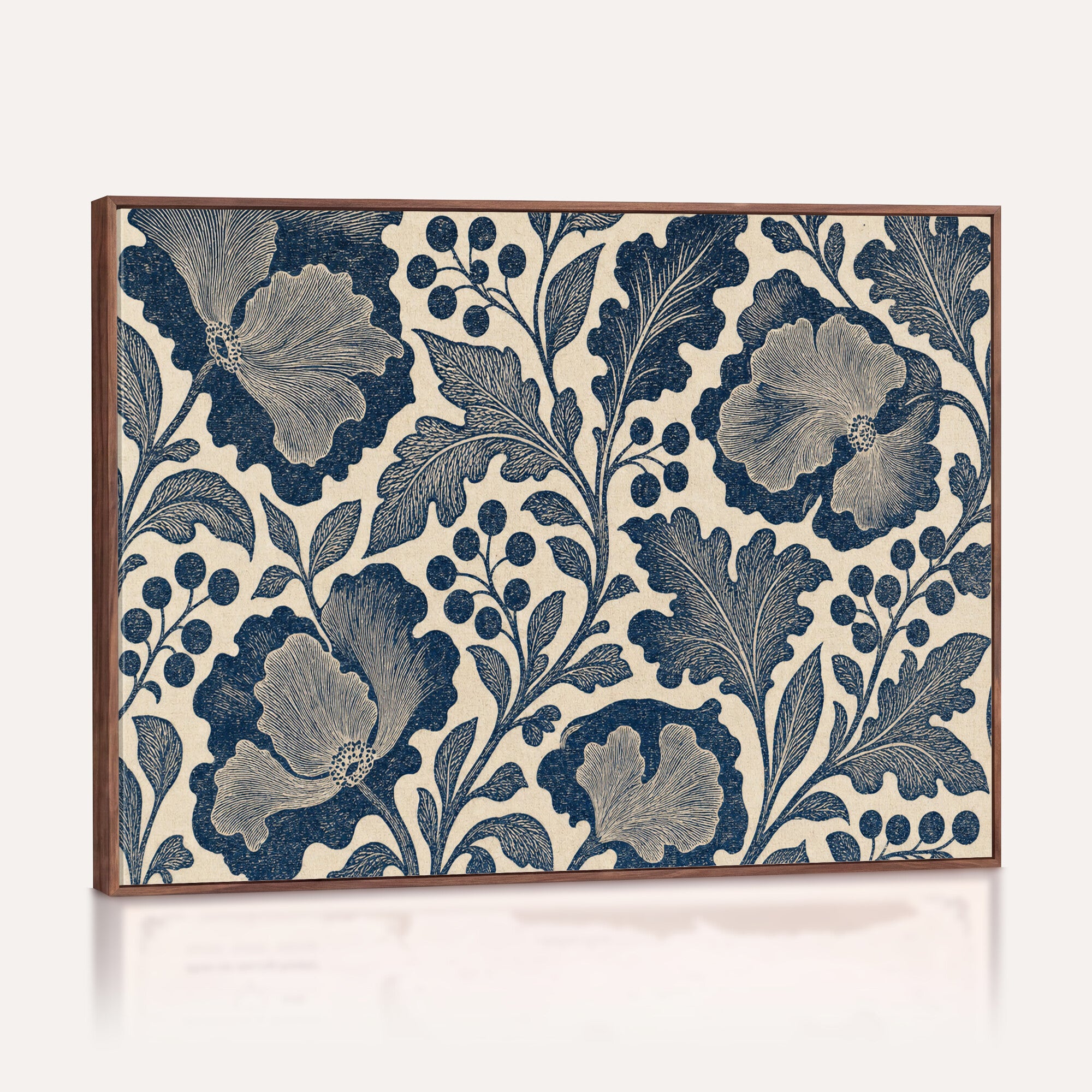 23824002-MGV-CV-36X24 - William Morris Style Navy Blue Floral Wall Art Canvas Print, Vintage Cream Botanical Painting Print