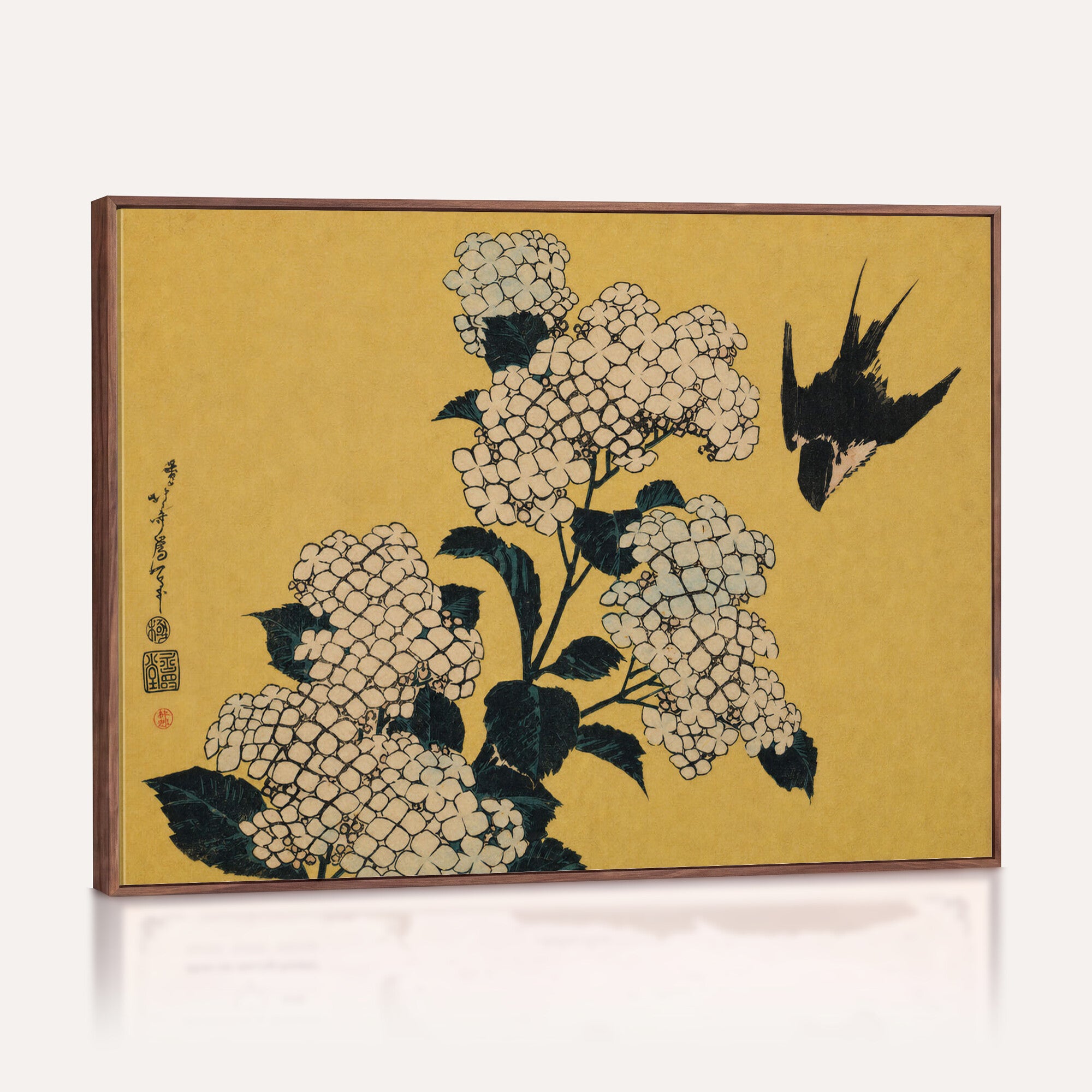92483501-MGV-CV-36X24 - Katsushika Hokusai Hydrangea and Swallow Wall Art Canvas Print, Japanese Woodblock Painting Print
