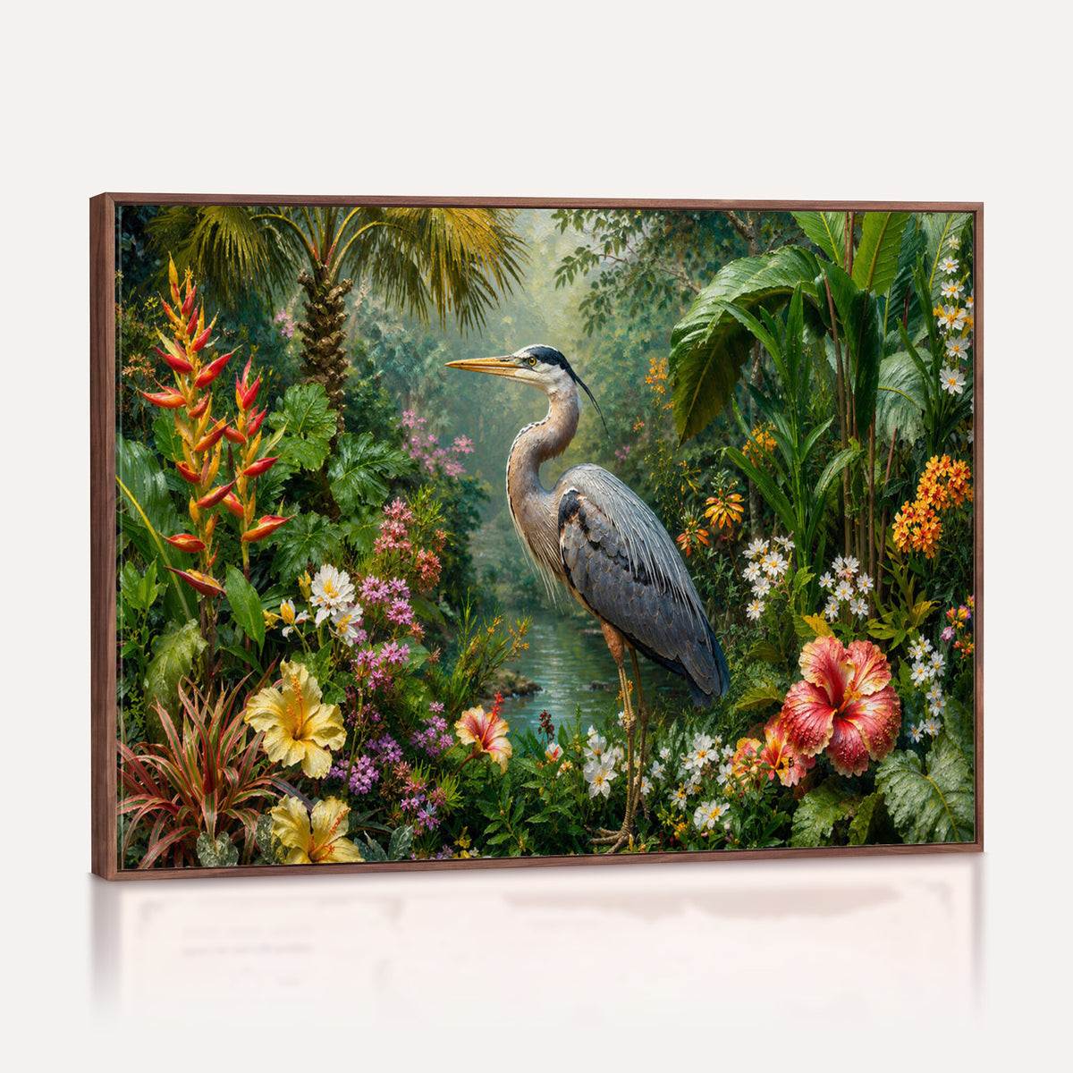 81059387-MGV-CV-36X24 - Great Blue Heron Tropical Jungle Wall Art Canvas Print, Exotic Botanical Garden Painting Print