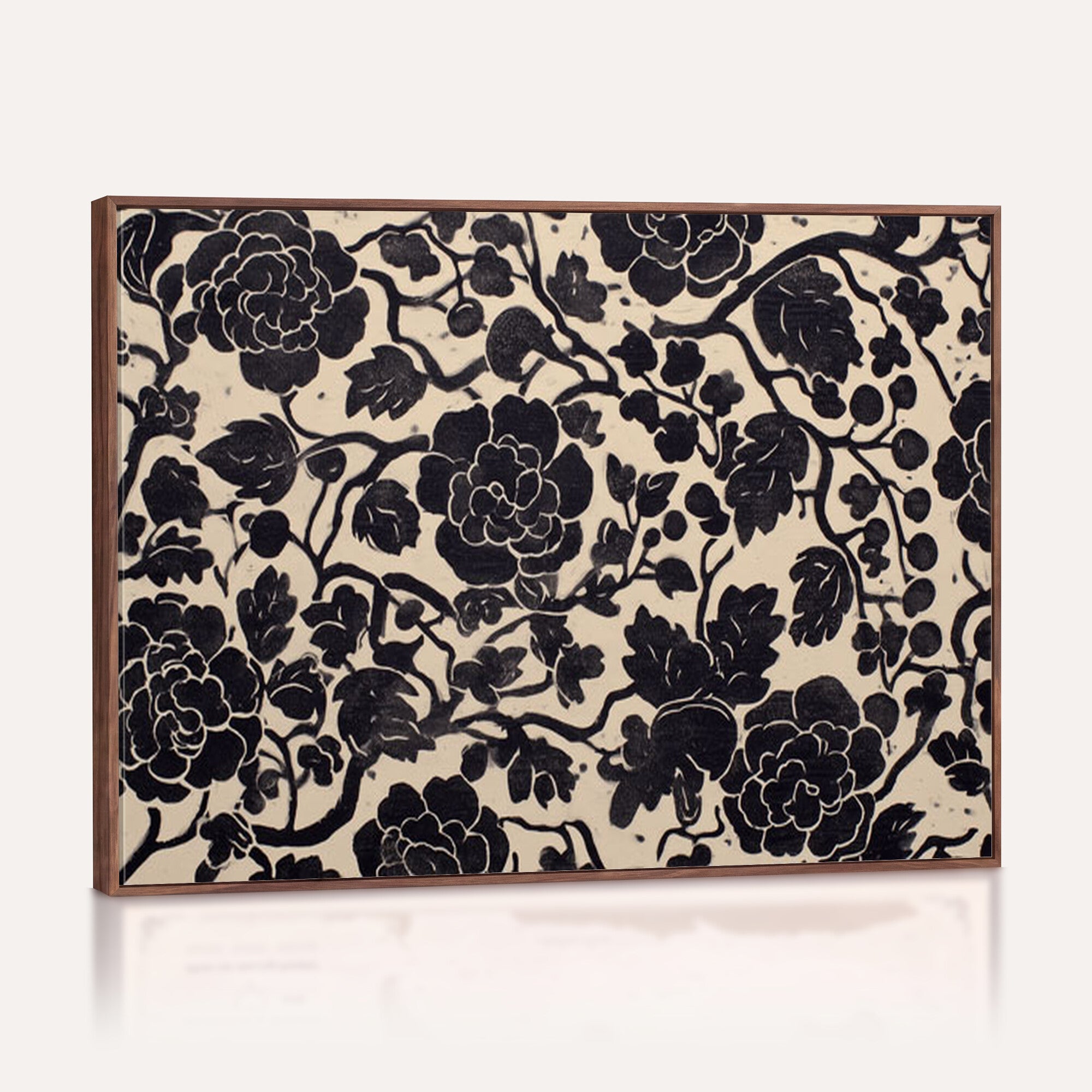 86696255-MGV-CV-36X24 - Vintage Black and Cream Floral Wall Art Canvas Print, Chinoiserie Botanical Painting Print