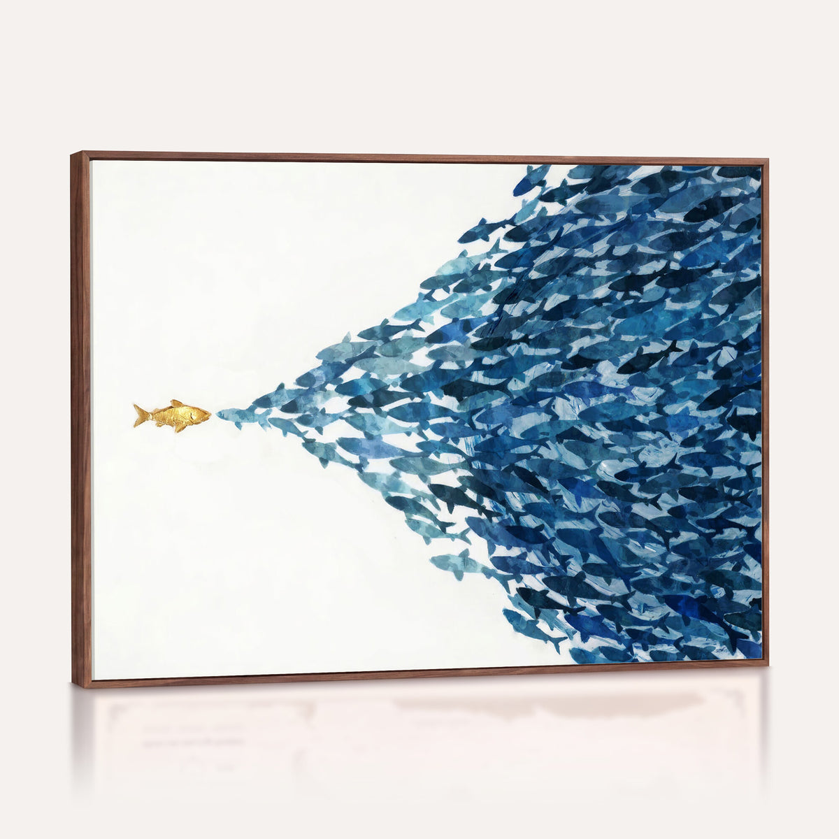 79089639-MGV-CV-36X24 - Abstract Blue Fish School Canvas Wall Art, Gold Foil Accent Marine Print