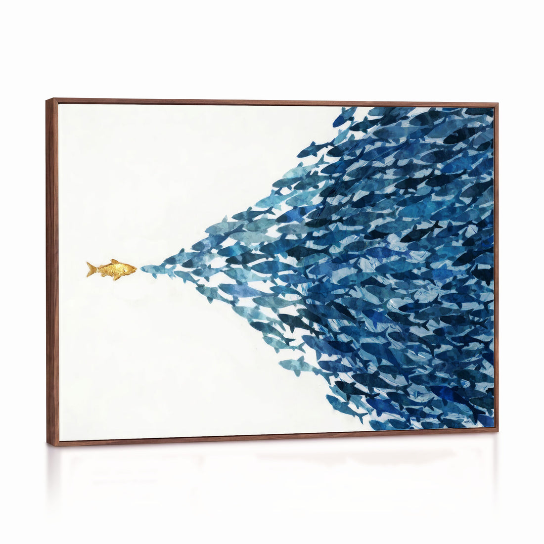 Abstract Blue Fish School Canvas Wall Art, Gold Foil Accent Marine Print