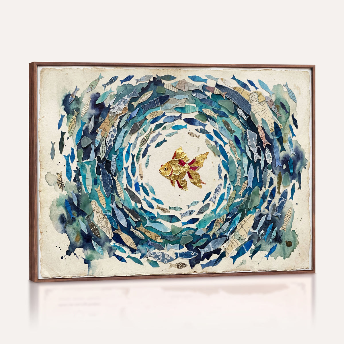 73165663-MGV-CV-36X24 - Mixed Media Blue Fish Swirl Canvas Wall Art, Goldfish Collage Ocean Print
