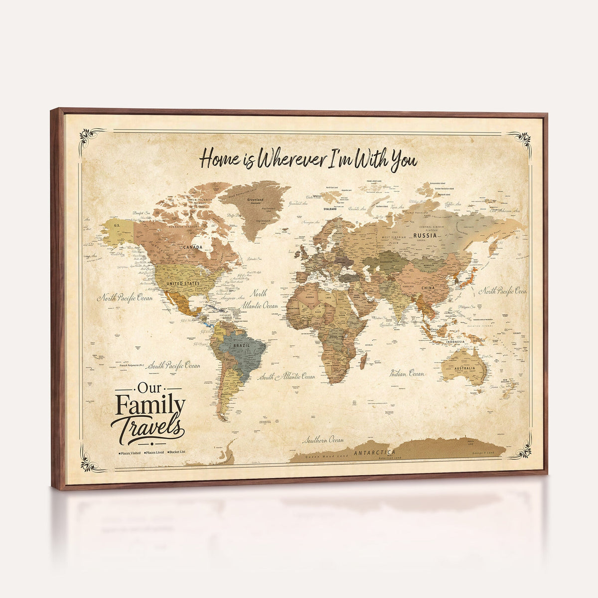 94272126-MGV-CV-36X24 - Our Family Adventures Push Pin World Map Wall Art Canvas Print - Family Travel Tracker Map with Pins