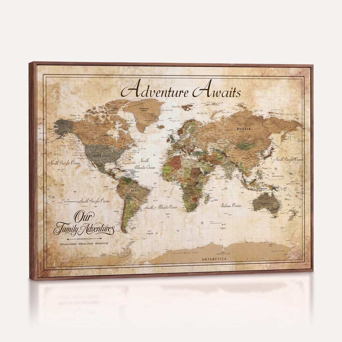 95783582-MGV-CV-36X24 - Our Family Adventures Push Pin World Map Wall Art Canvas Print - Family Travel Tracker Map with Pins