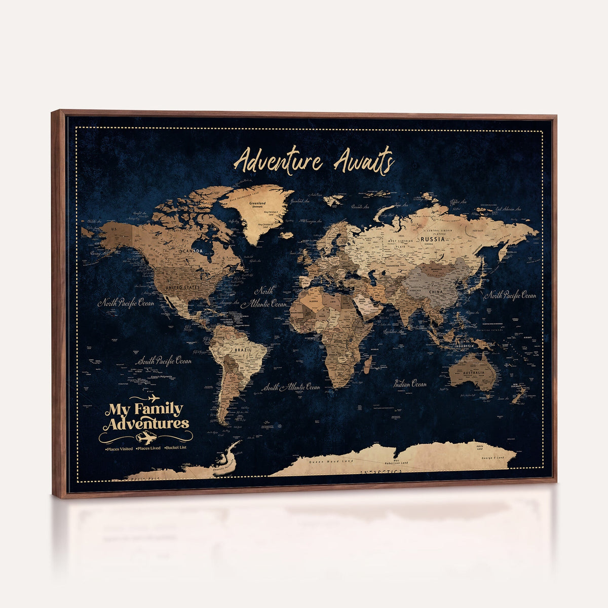 82827666-MGV-CV-36X24 - Our Family Adventures Push Pin World Map Wall Art Canvas Print - Family Travel Tracker Map with Pins