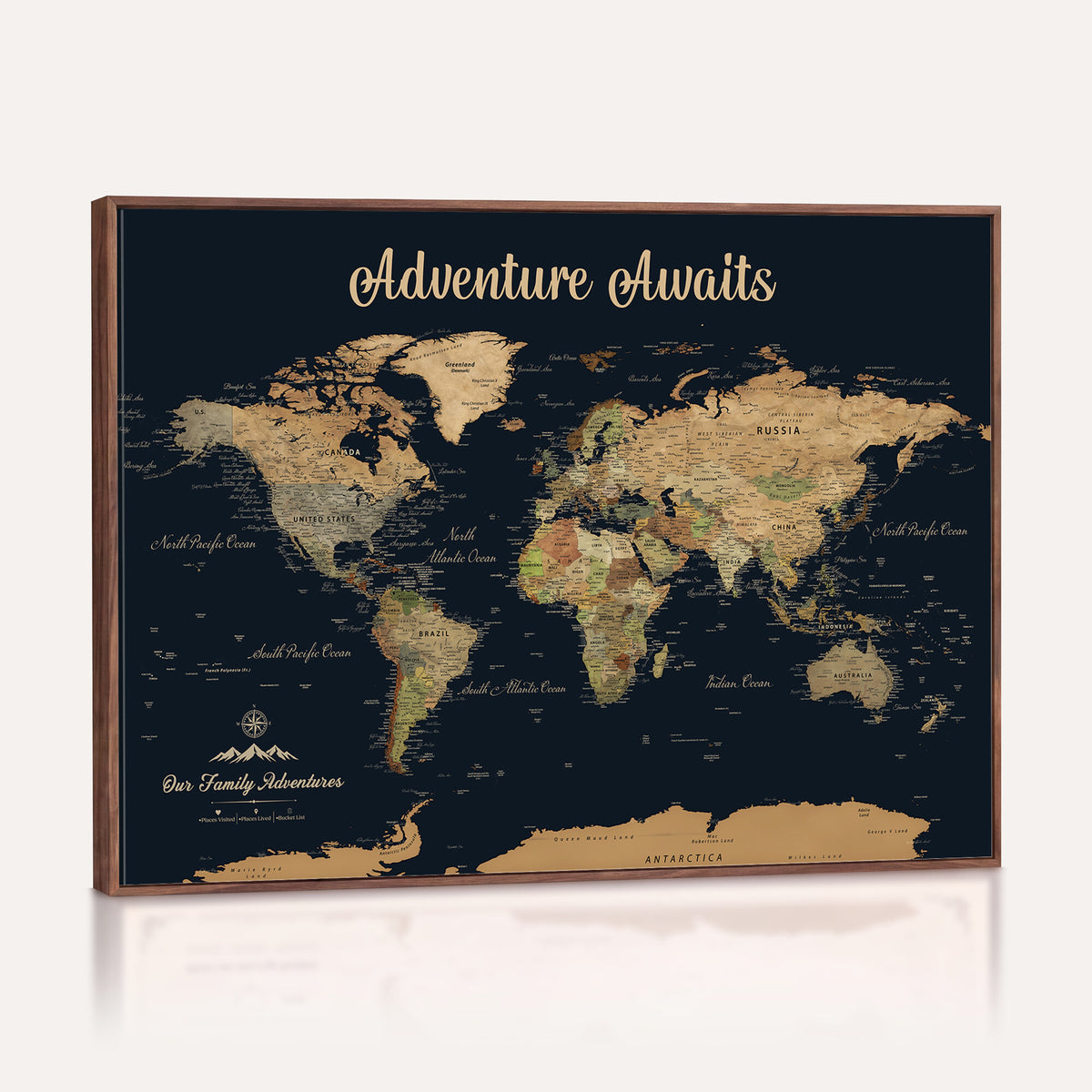 88994085-MGV-CV-36X24 - Our Family Adventures Push Pin World Map Wall Art Canvas Print - Family Travel Tracker Map with Pins
