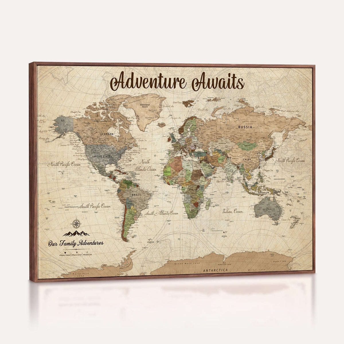 12264959-MGV-CV-36X24 - Our Family Adventures Push Pin World Map Wall Art Canvas Print - Family Travel Tracker Map with Pins
