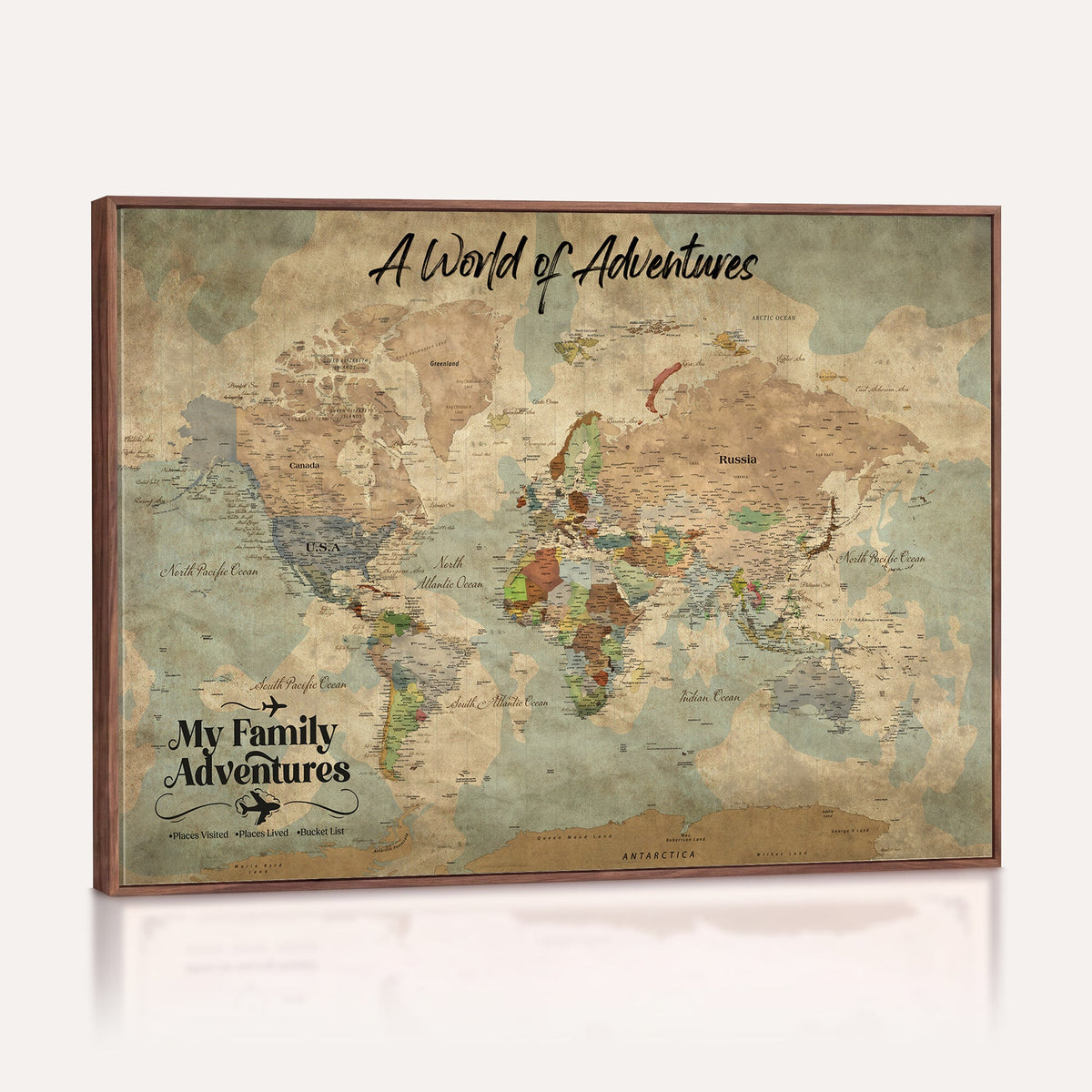 57377793-MGV-CV-36X24 - Our Family Adventures Push Pin World Map Wall Art Canvas Print - Family Travel Tracker Map with Pins