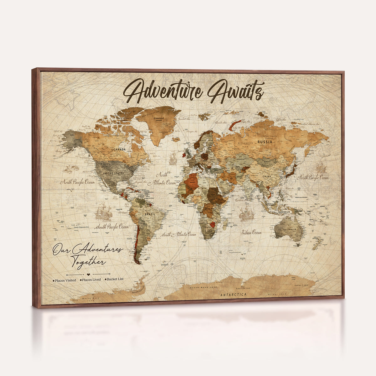 94237870-MGV-CV-36X24 - Our Family Adventures Push Pin World Map Wall Art Canvas Print - Family Travel Tracker Map with Pins