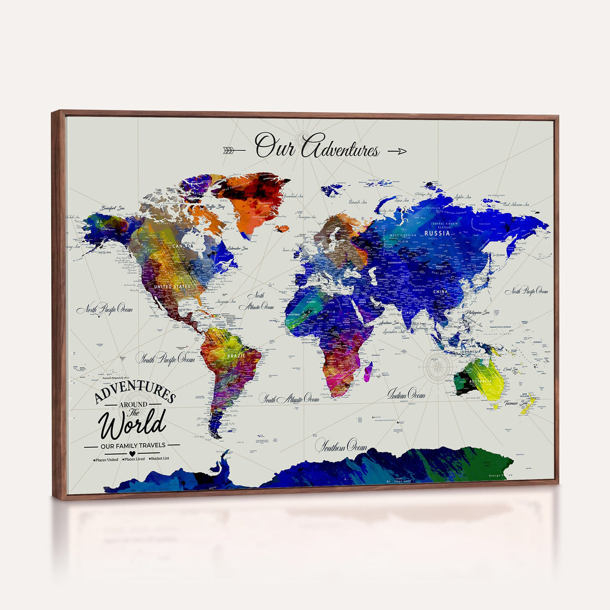 88162438-MGV-CV-36X24 - Our Family Adventures Push Pin World Map Wall Art Canvas Print | Family Travel Tracker Map with Pins