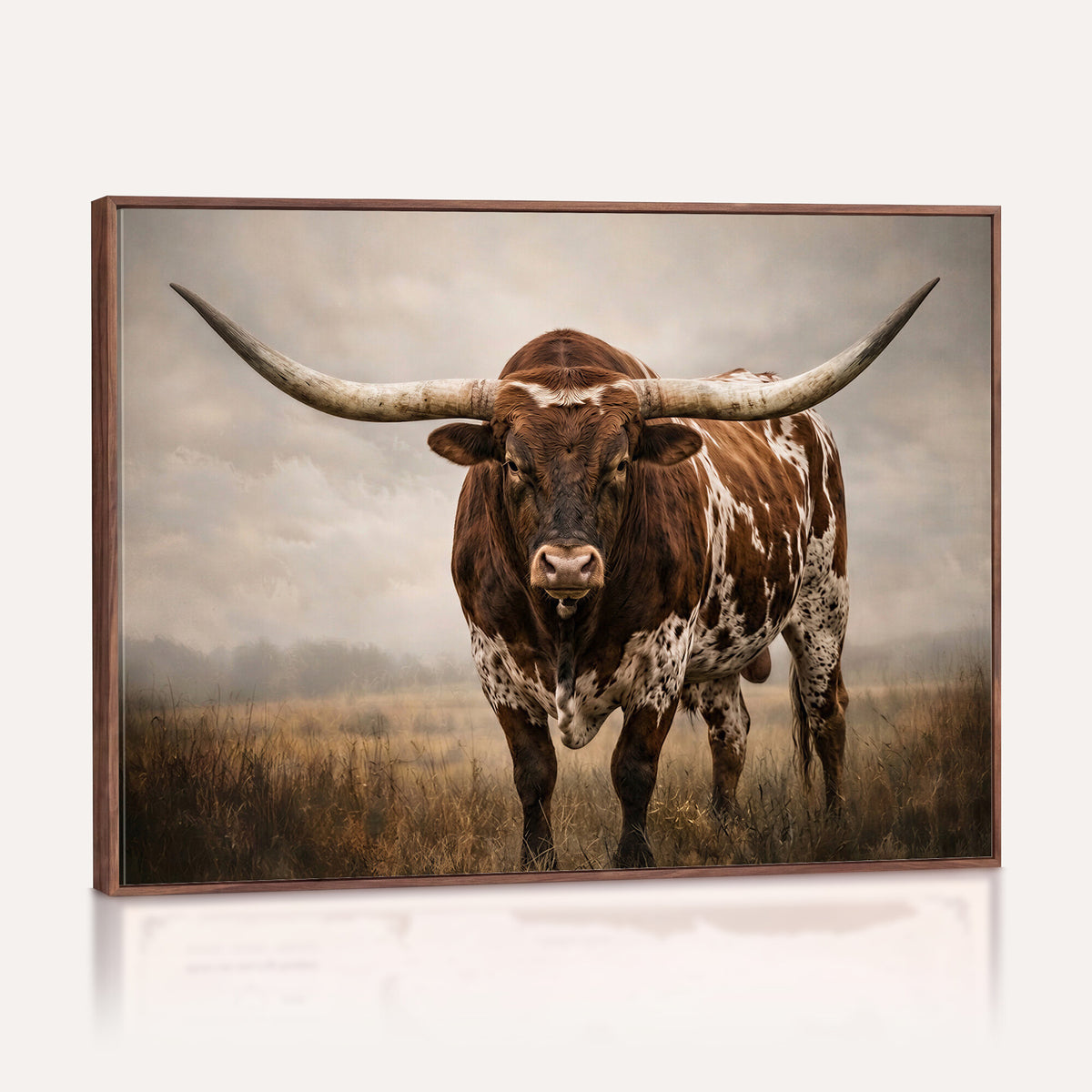 25239047A-MGV-CV-36X24 - Texas Longhorn Canvas Wall Art Western Bull Desert Moody Grey Overcast Rustic Farmhouse Framed Large for Living Room Bedroom Office Decor