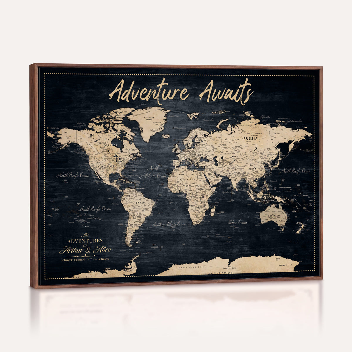 688173822-MGV-CV-36X24 - Extra Large Vintage Personalized Push Pin World Map Wall Art Canvas Print