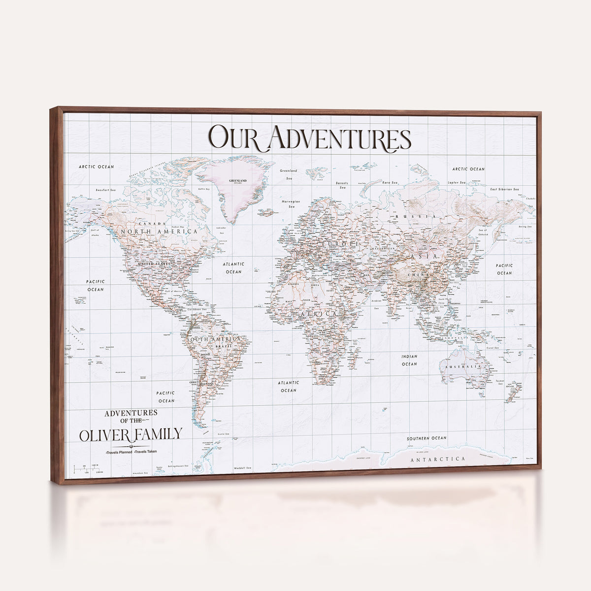 18074626D3DD-MGV-CV-36X24 - Extra Large Framed Personalize Push Pin World Map Wall Art Canvas Print for Travel Tracking NEWMAP - 015