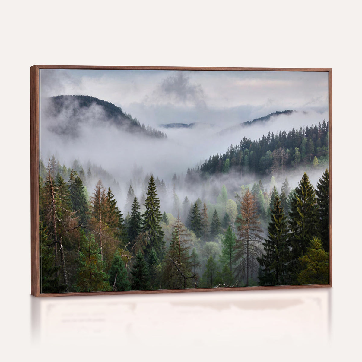 18735847-_Poster-30x20 - Foggy Pine Forest Mountain Canvas Print 3 Piece Framed Wall Art Extra Large Floating Frame Nature Poster Made in USA