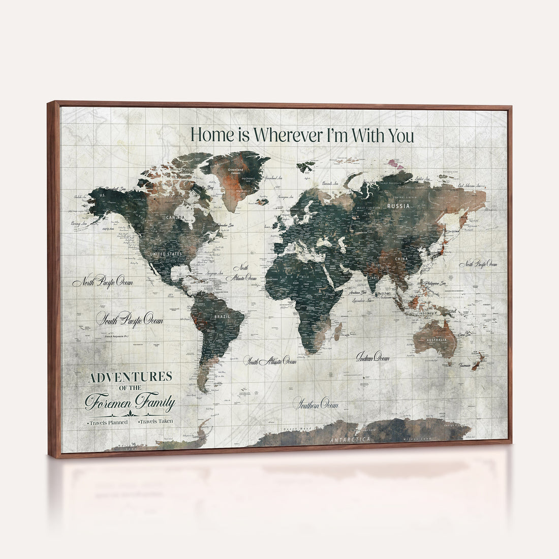 Personalized Framed Beige Push Pin Travel Map Canvas Print, Family Travel Tracker, Home Office and Hallway Decor