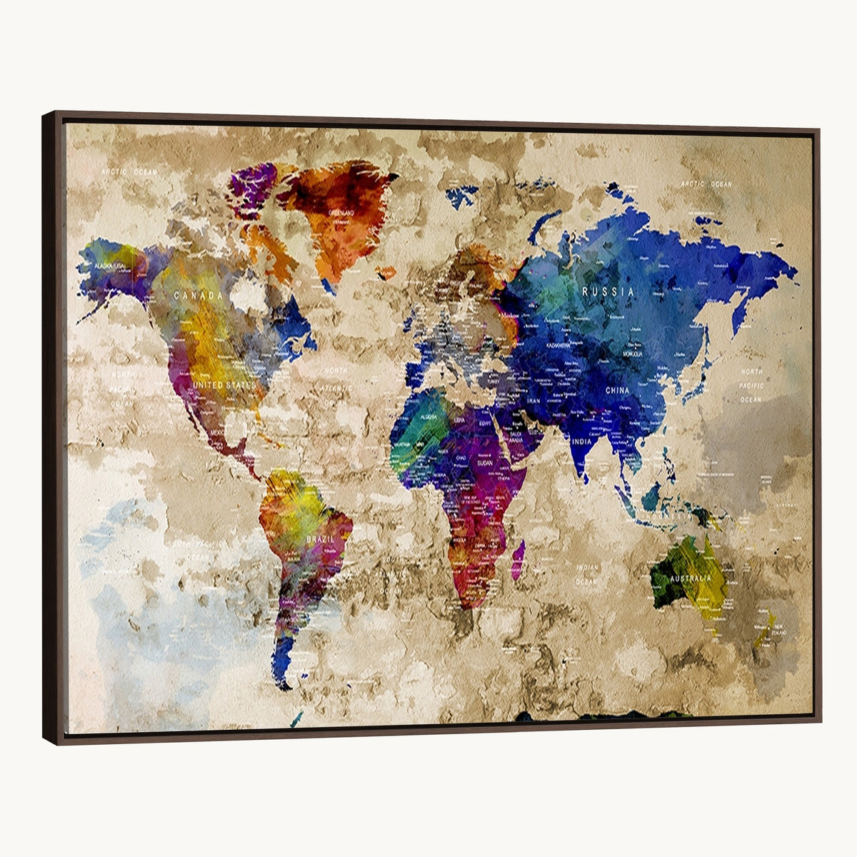 Colorful World Map Canvas Wall Art | Abstract Watercolor Map Print