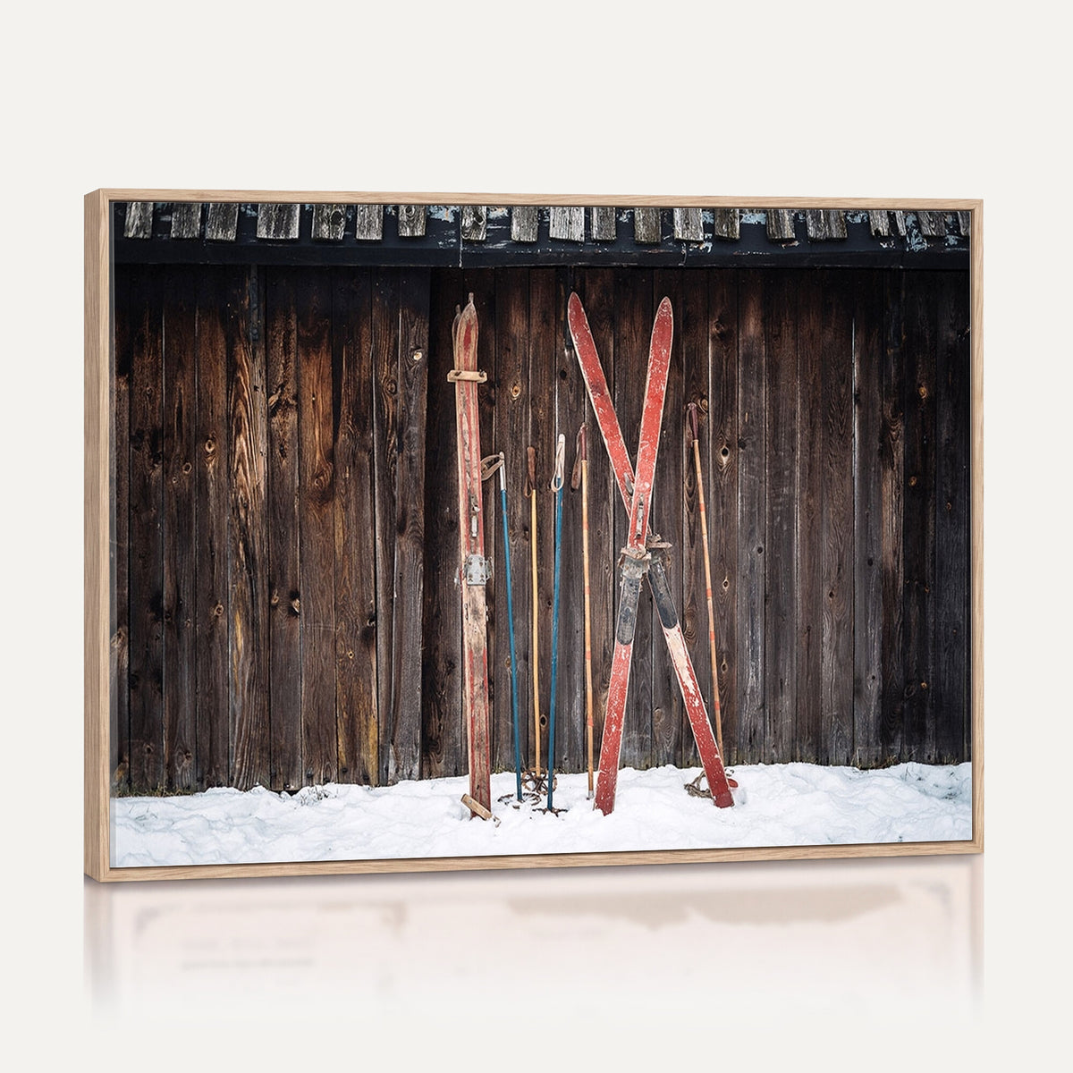 78590-MGV-CV-36X24 - Vintage Ski Gear Canvas Print, Vintage Ski Gear Against Wooden Cabin Wall