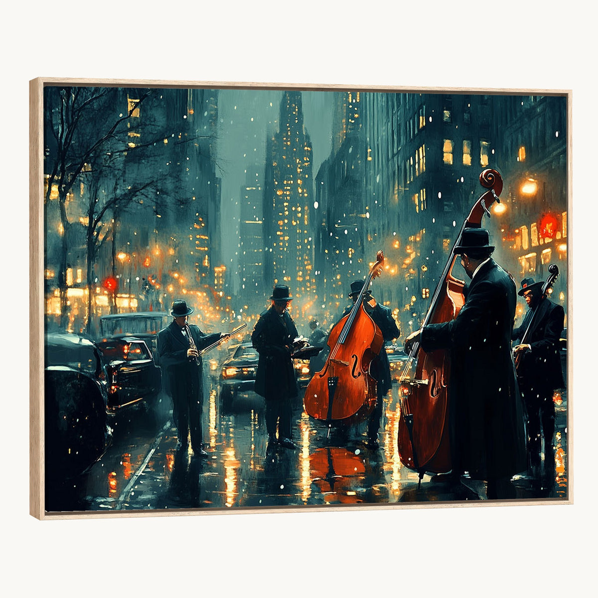 53391-MGV-CV-24X16 - Urban Night Jazz Wall Art Canvas Print | Moody Rain Soaked City Street Band Scene