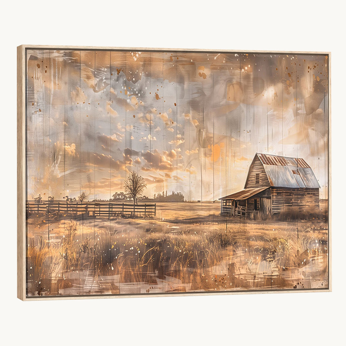 FARM2-MGV-CV-24X16 - Rustic Farmhouse Wall Art Canvas Print | Barn and Field Vintage Country Landscape