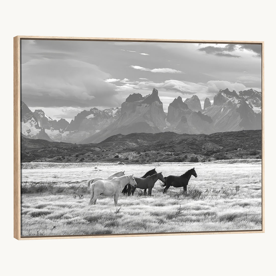 Wild Horses Wall Art Canvas Print, Framed Black and White Mountain Scene