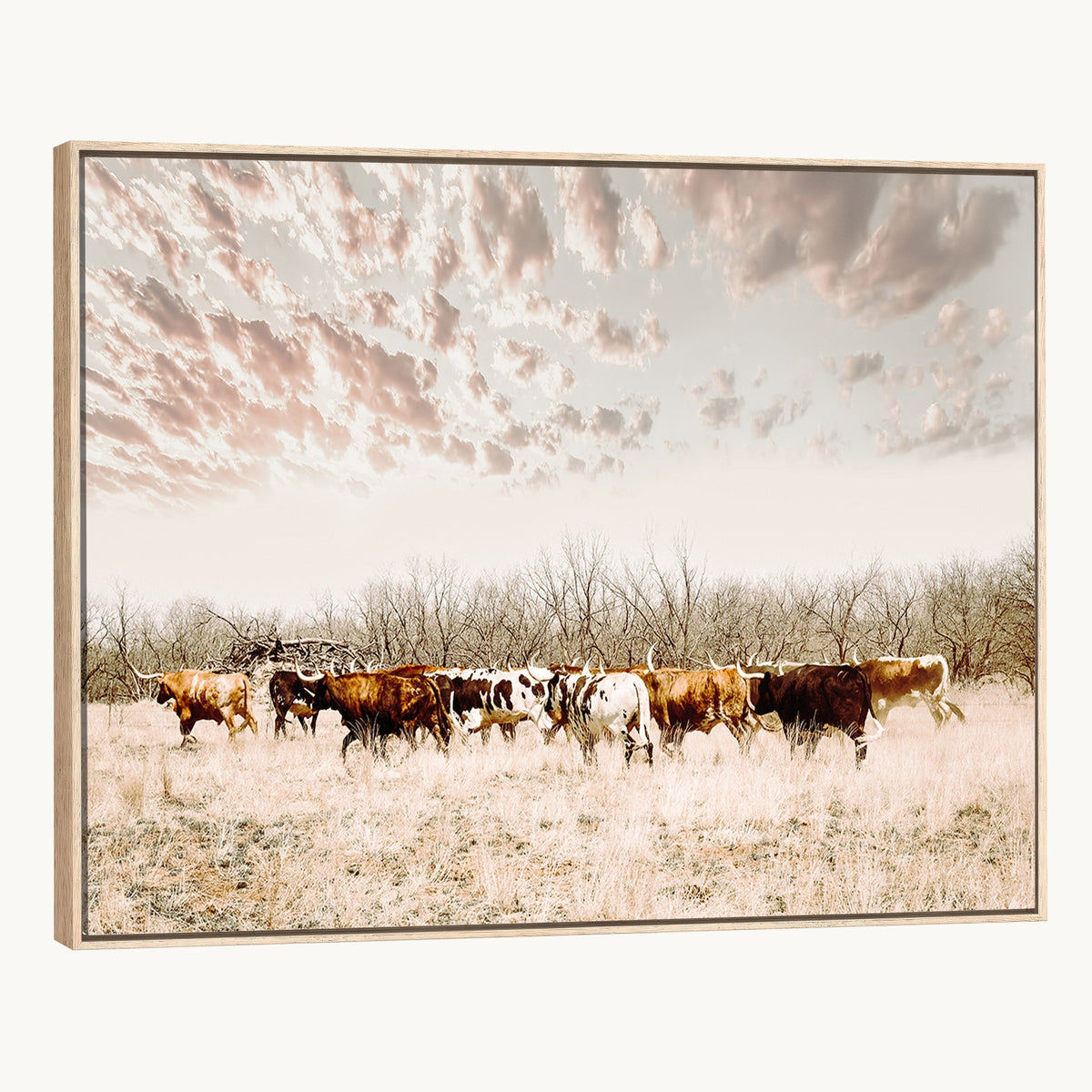64892775-MGV-CV-24X16 - Longhorn Cattle Wall Art Canvas Print, Framed Texas Ranch Art, Western Cow Print, Prairie Landscape Decor