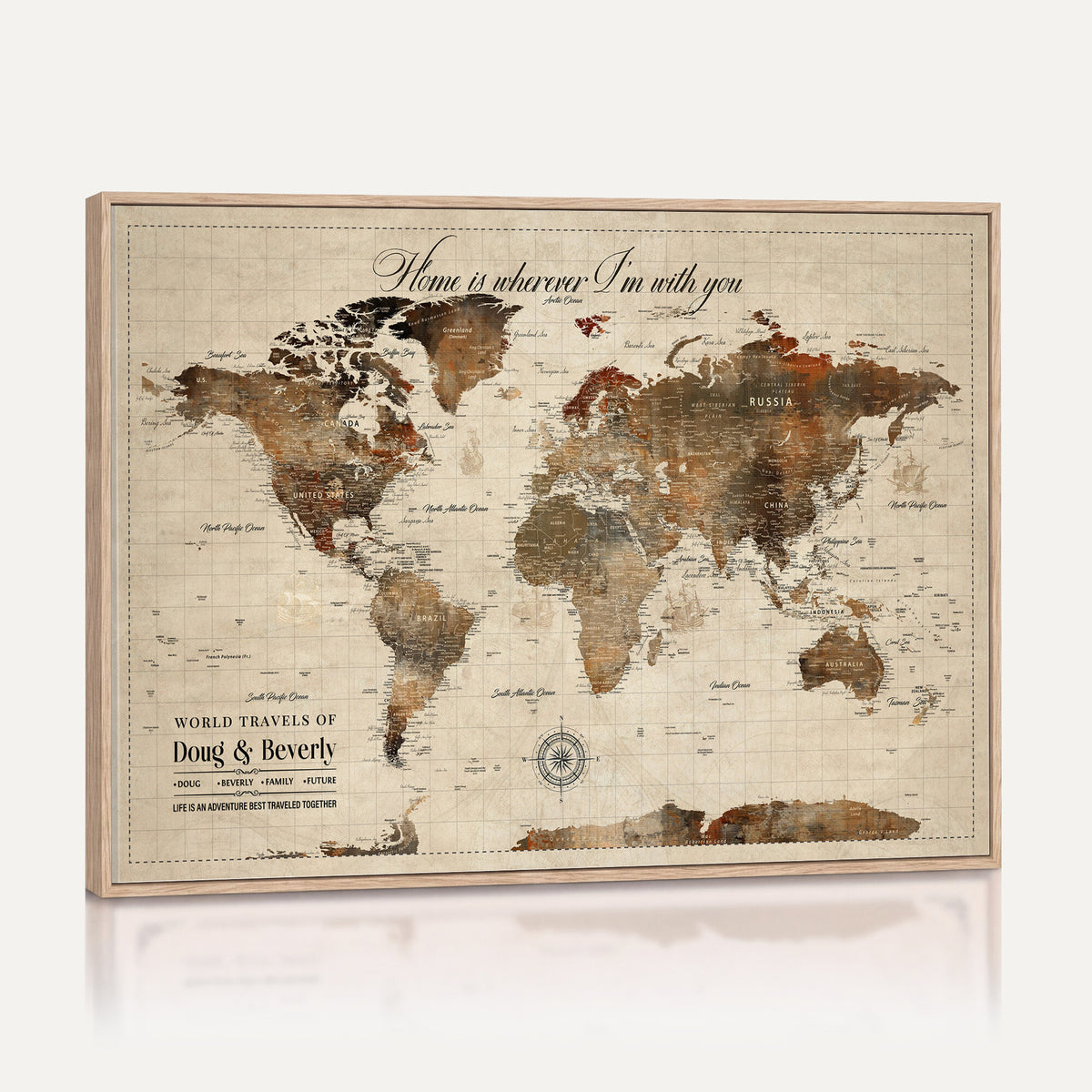 94399474-MGV-CV-36X24 - Large Custom Framed Beige Vintage World Travel Map Wall Art with Pins, Couples Countries Visited Map, Living Room and Hallway Decor